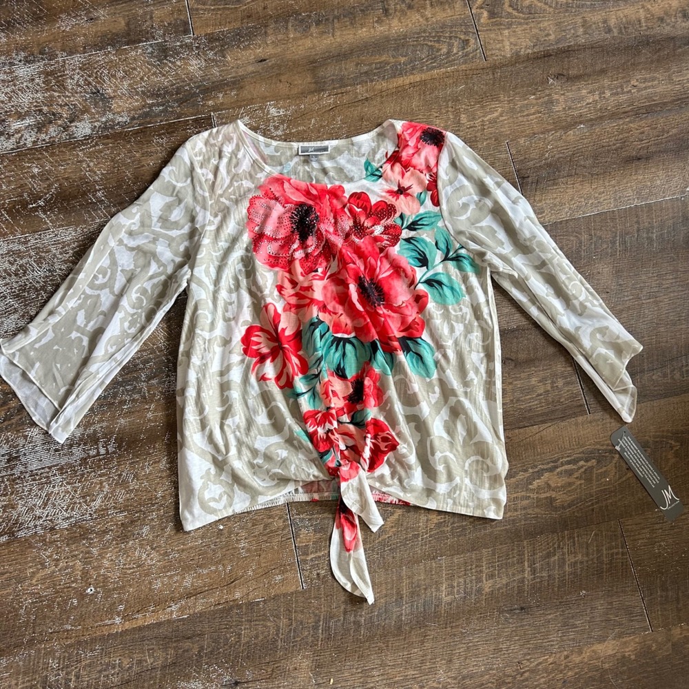 JM Collection Floral Rhinestone Tie Front 3/4 Sleeve Blouse Beige Red Large NEW